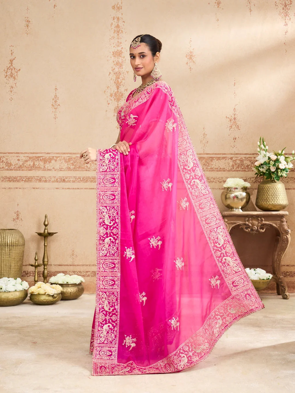 Laxmipati Kurkure Pink Tissue Organza Embroidered Saree