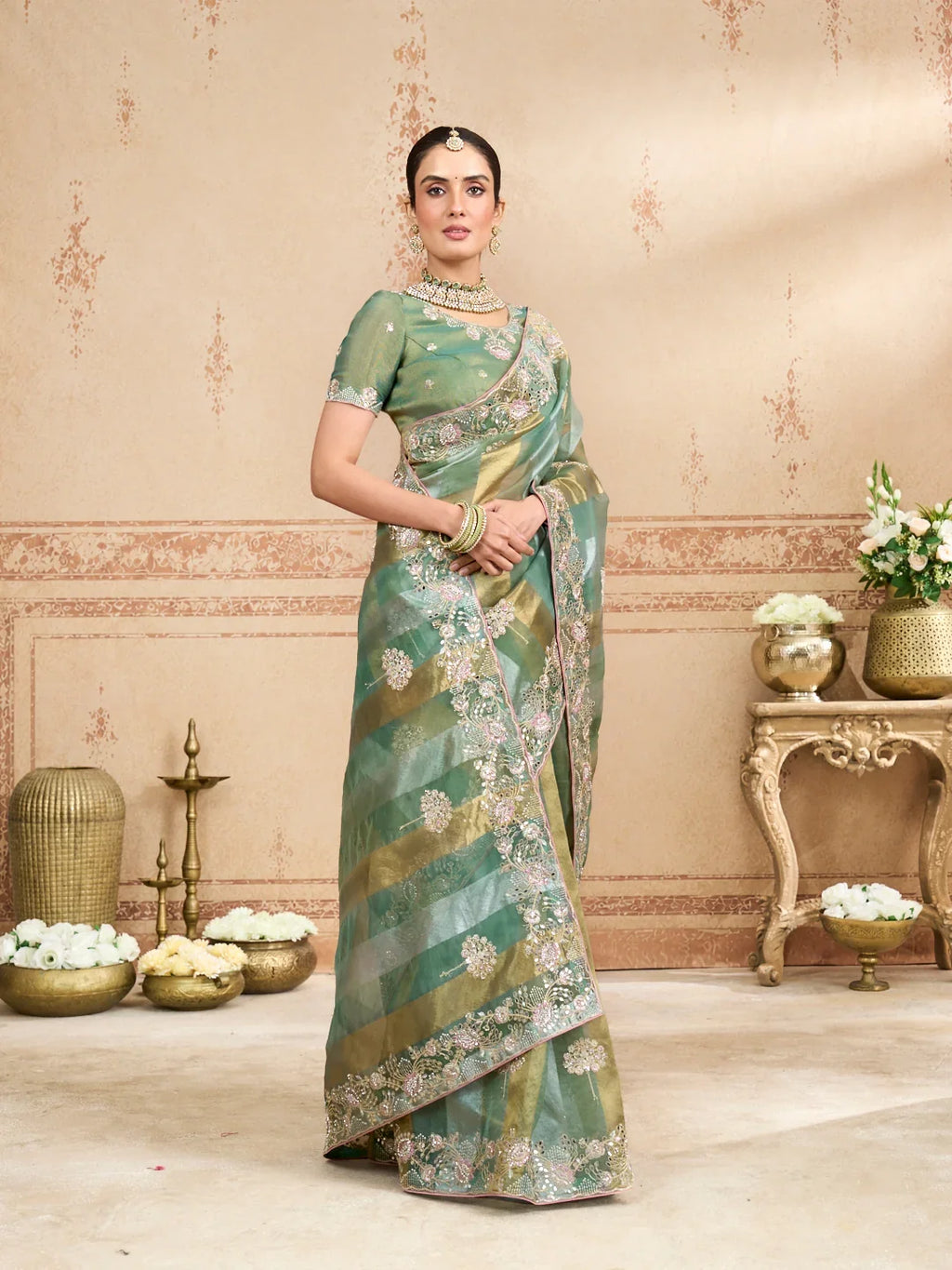 Laxmipati Kurkure Green Tissue Organza Embroidered Saree