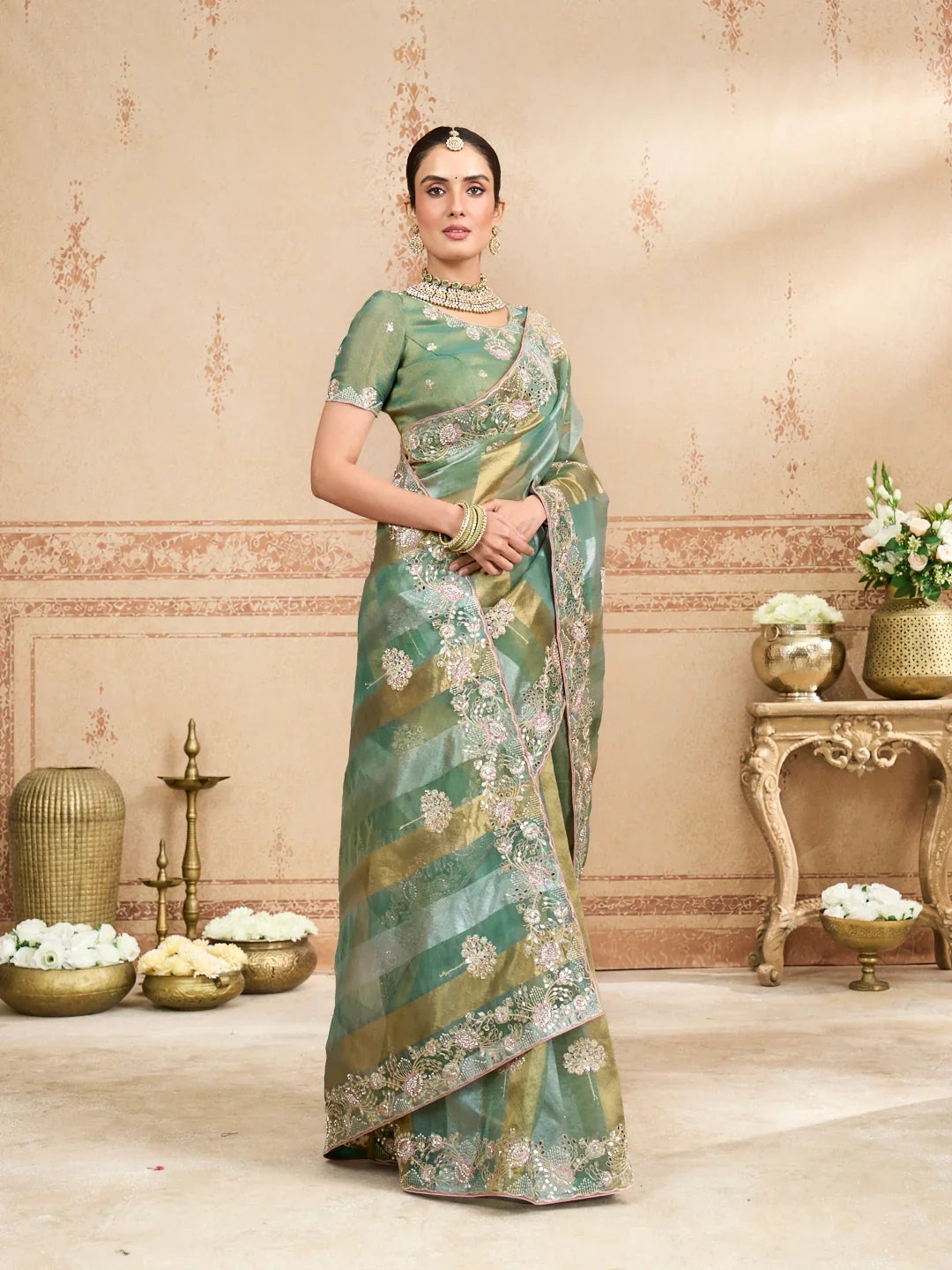 Laxmipati Kurkure Green Tissue Organza Embroidered Saree